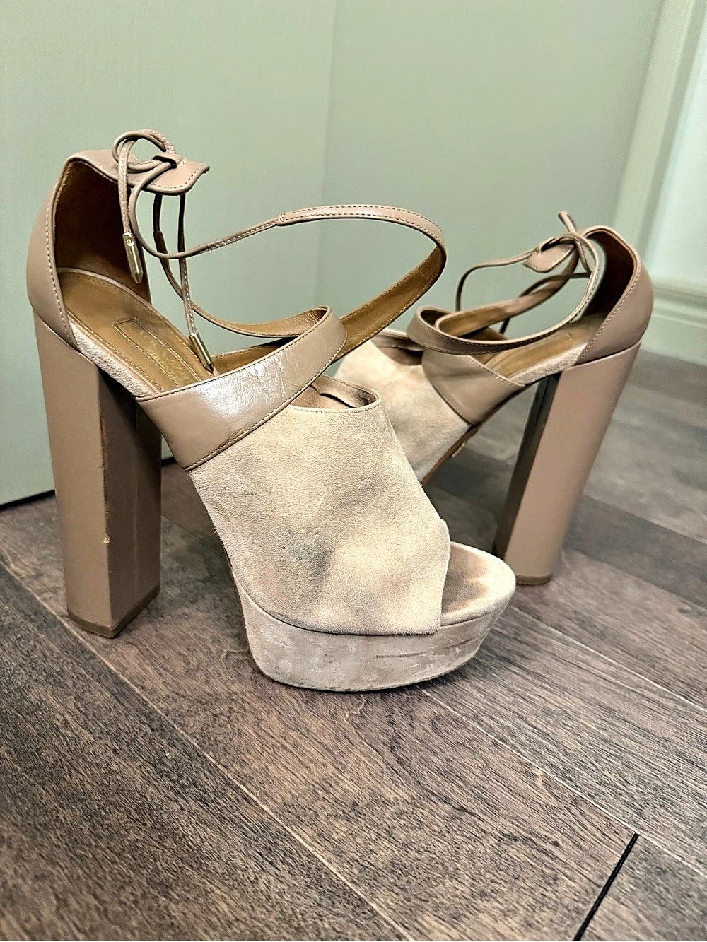 Aquazzura Nude Suede Leather Platform Heels Lace Up Sandals 39